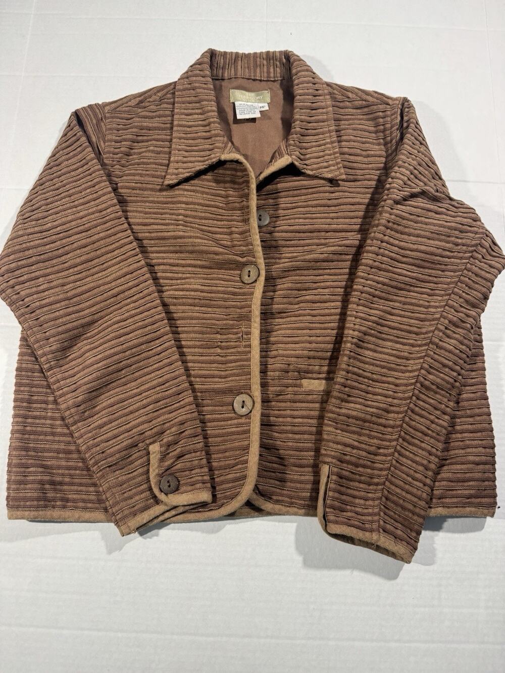The Territory Ahead Women's Brown Striped Button Front Lined Jacket Pockets